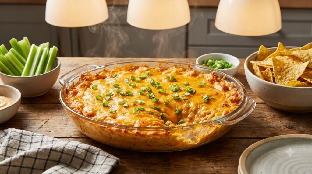 A warm bubbly dish of Buffalo Chicken Dip garnished with green onions served with tortilla chips and celery sticks