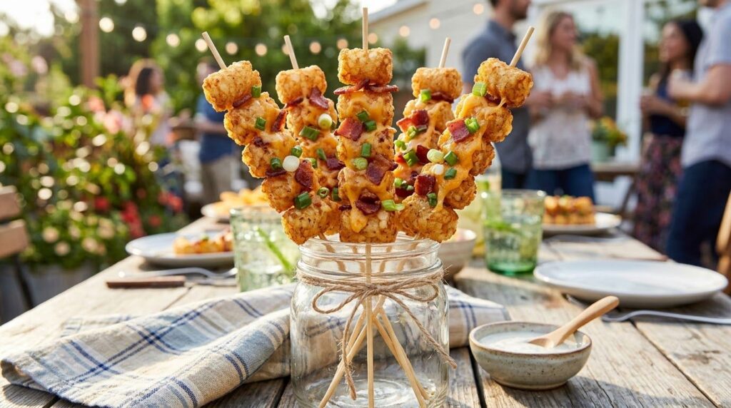 Crispy Loaded Tater Tot Skewers piled high with melted cheese bacon bits and green onions presented standing upright in 