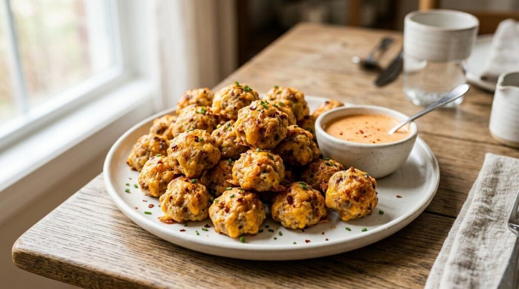 A pile of golden-brown Spicy Cheddar Sausage Balls on a white serving plate with a small bowl of dipping sauce in the ba