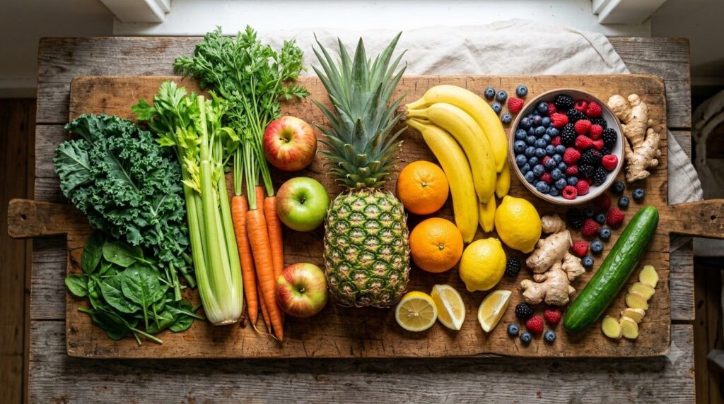 Assortment of fresh fruits and vegetables like pineapple ginger celery spinach kale cucumber apples oranges lemons carro