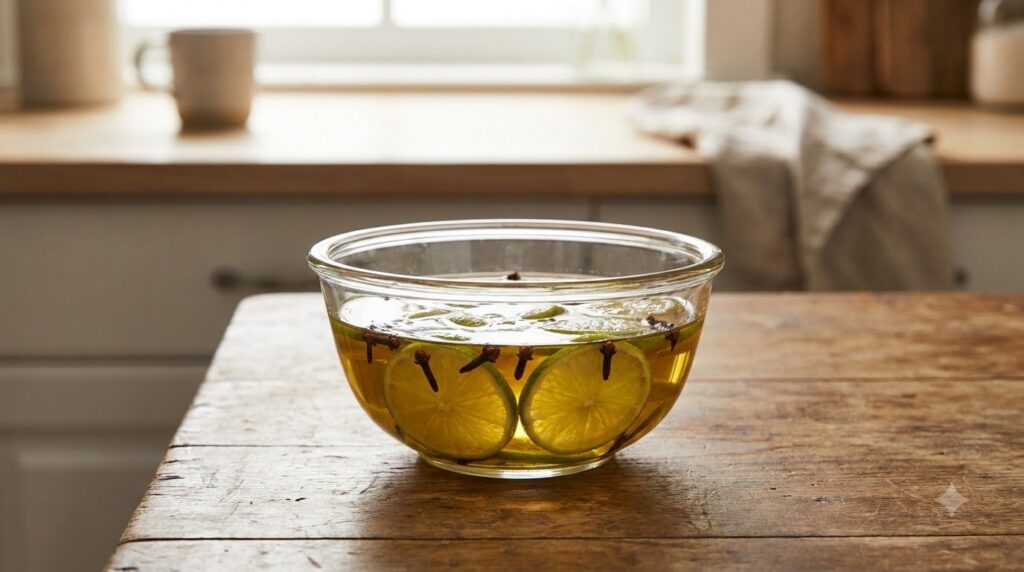 A close-up of a small glass jar or bowl gently mixing baby oil with thinly sliced lime pieces and a few whole cloves The