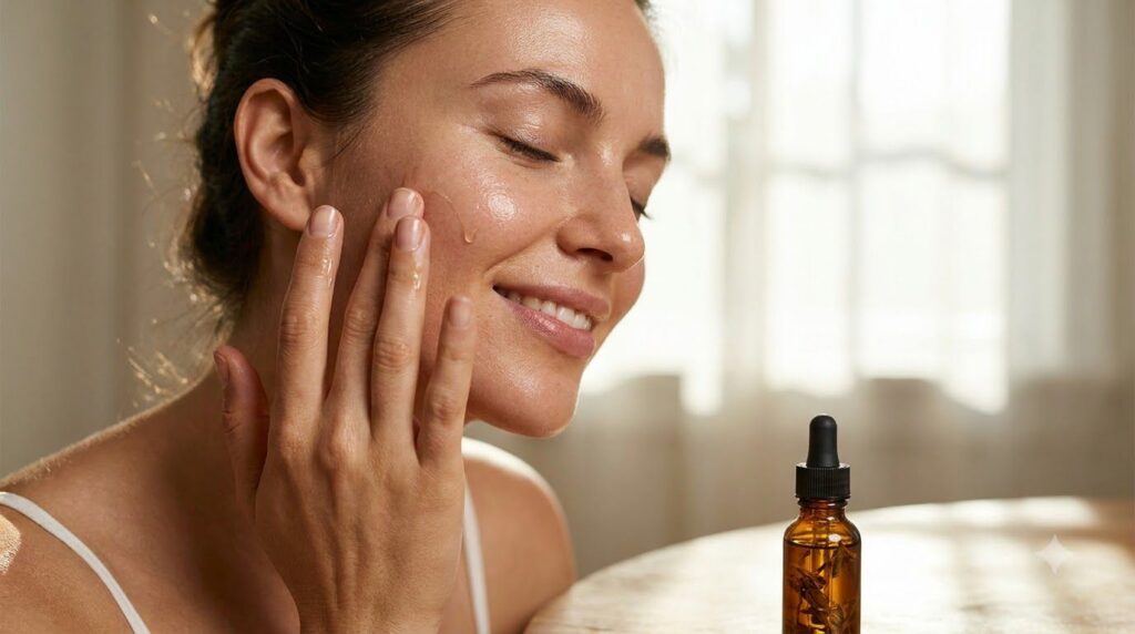 A woman gently massaging a few drops of the homemade baby oil lime and clove infusion onto her face showcasing soft glow