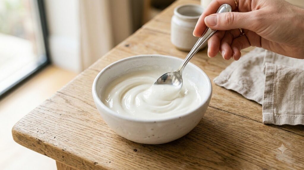 A small bowl containing a smooth creamy paste made from crushed aspirin water and baby oil with a spoon mixing it