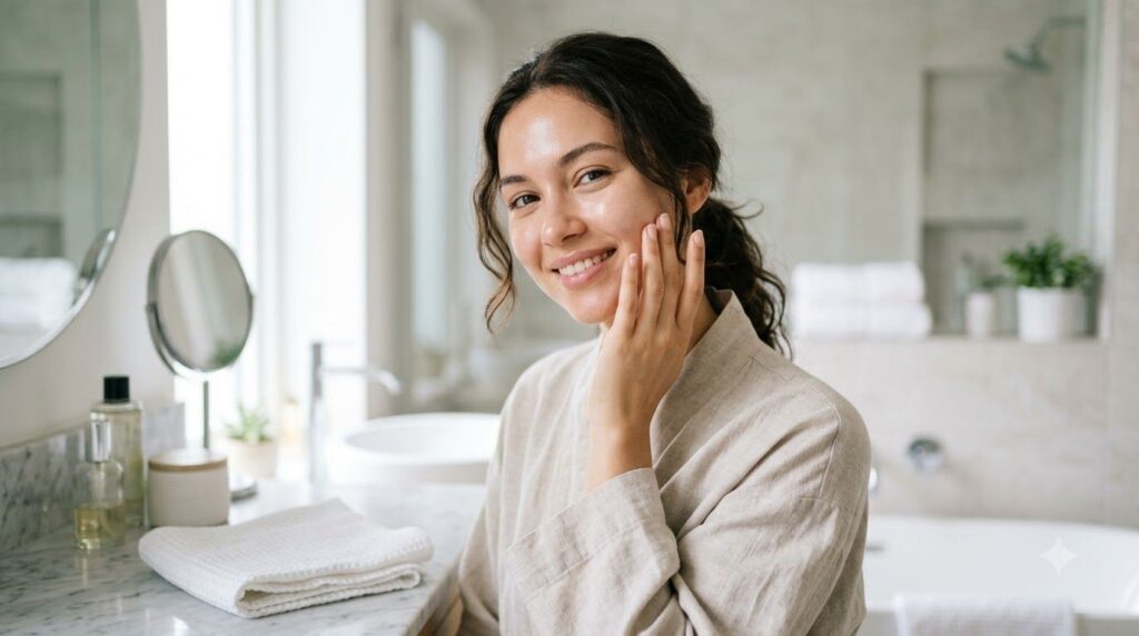 A woman gently touching her smooth glowing cheek after applying a face mask with soft diffused light highlighting her cl