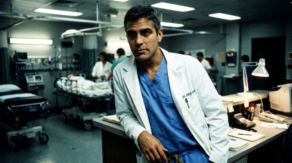 Young George Clooney in his Dr Doug Ross role from the TV show ER wearing hospital scrubs looking serious and intense