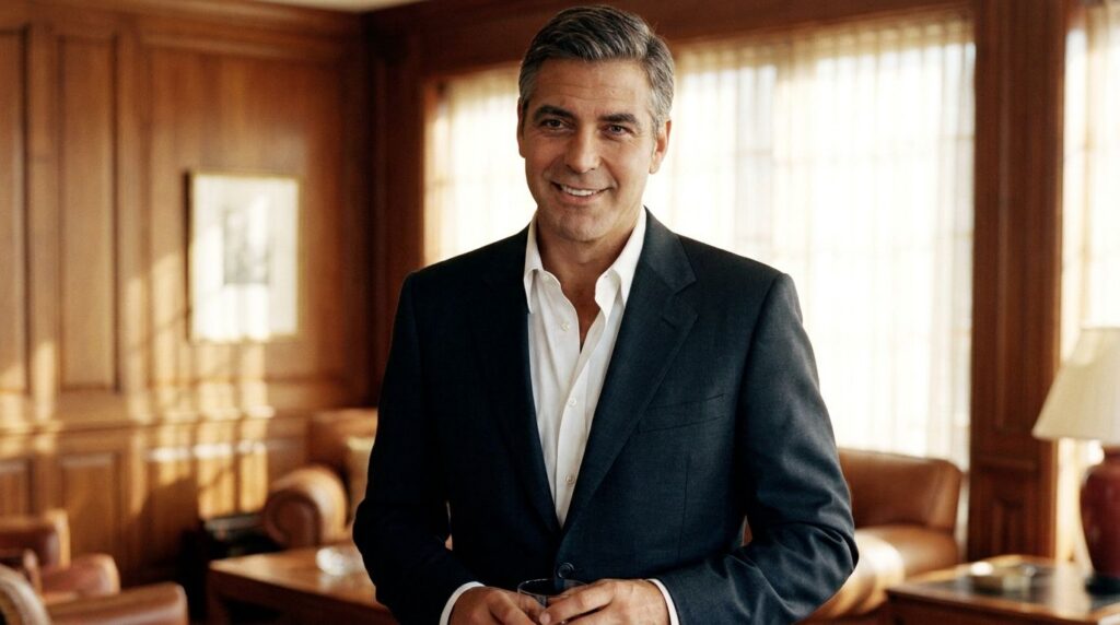 George Clooney in an early 2000s film looking suave and confident in a suit perhaps from Ocean s Eleven