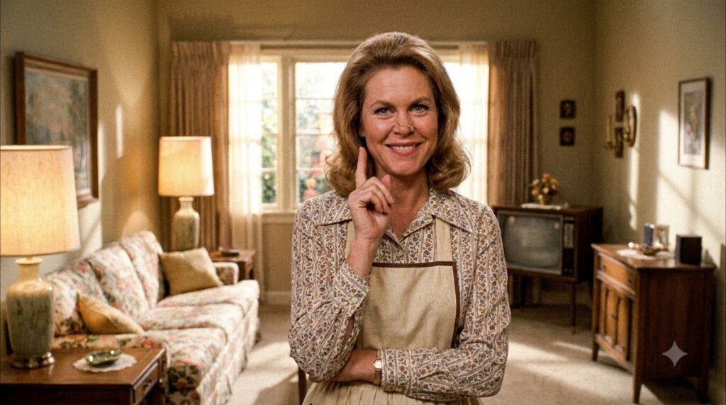 A real publicity photo of Elizabeth Montgomery as Samantha Stephens from the TV show Bewitched perhaps with her nose twi