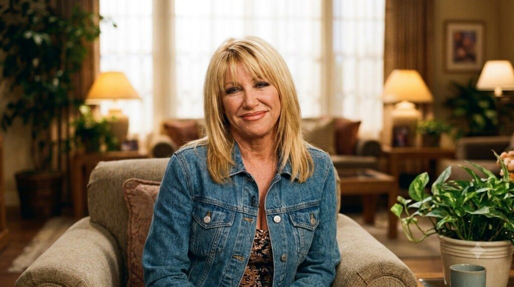 A real promotional photo of Suzanne Somers from the 1990s showcasing her later career possibly from Step by Step