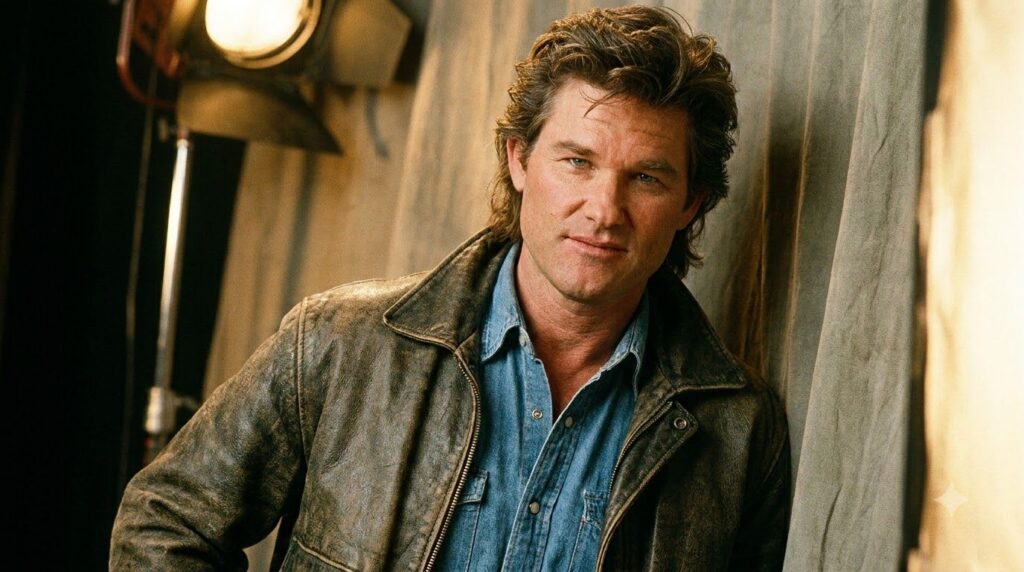 A classic publicity photo of a younger Kurt Russell perhaps from the 1980s looking confident