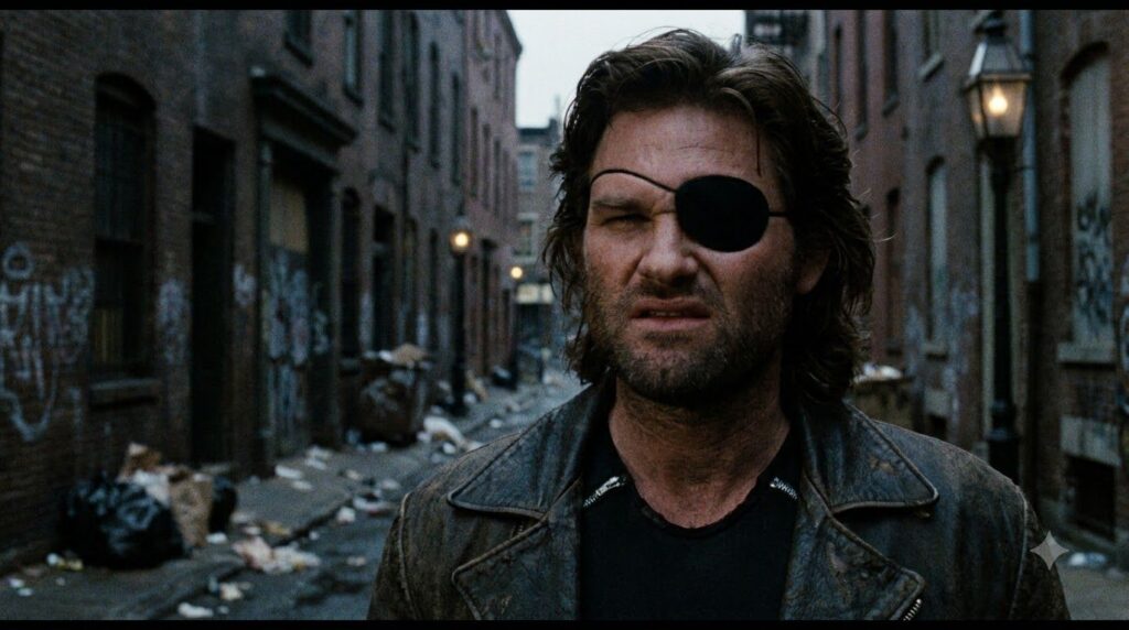 A real film still of Kurt Russell as Snake Plissken from Escape from New York wearing an eye patch