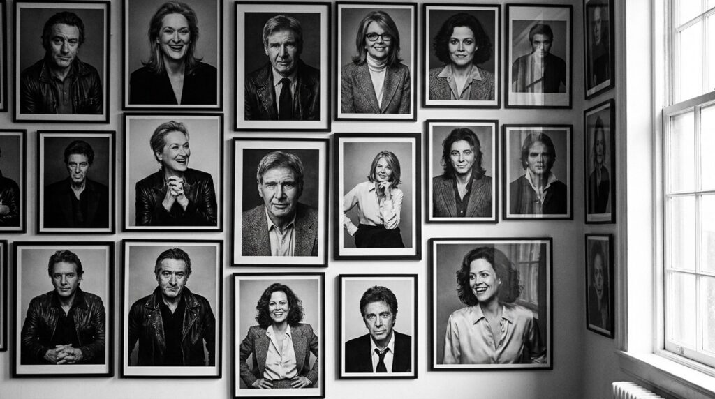 A black and white montage of various classic Hollywood actors from the 70s and 80s showcasing a range of iconic expressi