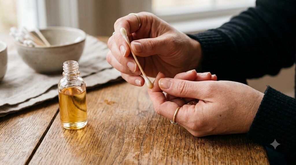 Close-up of a person applying a diluted essential oil blend to their clean dry fingernails with a cotton swab showing ca