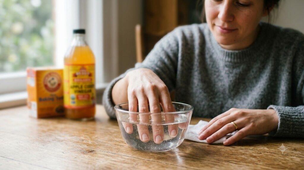 A woman soaking her nails in a small bowl filled with a clear liquid with a bottle of apple cider vinegar and baking sod