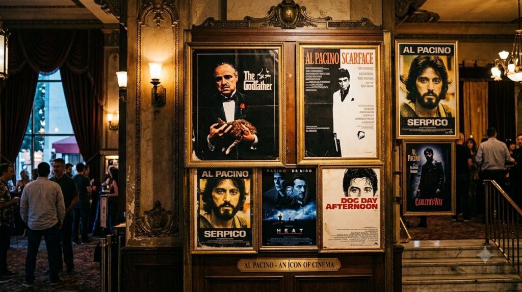 A montage of iconic movie posters featuring Al Pacino s most famous films like The Godfather Scarface Serpico and Scent 