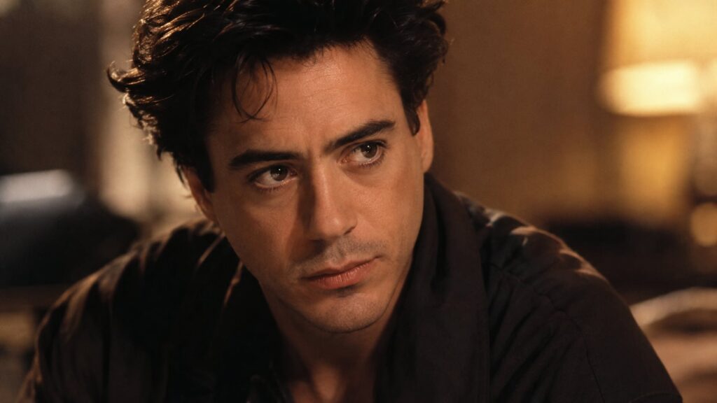 A young Robert Downey Jr looking intensely possibly from a scene in Less Than Zero or Chaplin