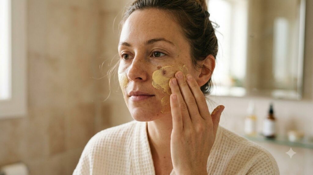 A woman applying a yellowish creamy mask to her cheek focusing on an area with a dark spot Her fingers are gently spread