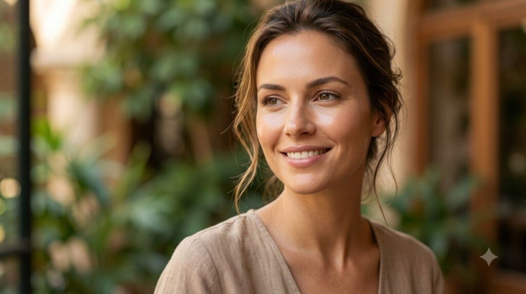 A woman s face glowing with a healthy even complexion perhaps subtly enhanced to show reduced dark spots She has a happy