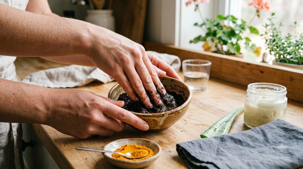 A person s hands gently mixing natural ingredients like coffee grounds and Vaseline in a small bowl with other fresh ing