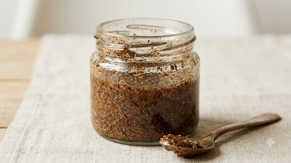 A close-up of the mixed DIY anti-aging remedy in a small glass jar showing a thick creamy texture with coffee grounds vi
