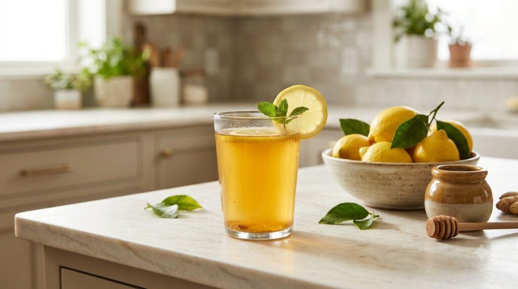 A refreshing glass of the daily elixir made with apple cider vinegar lemon honey gelatin and salt with a slight golden h