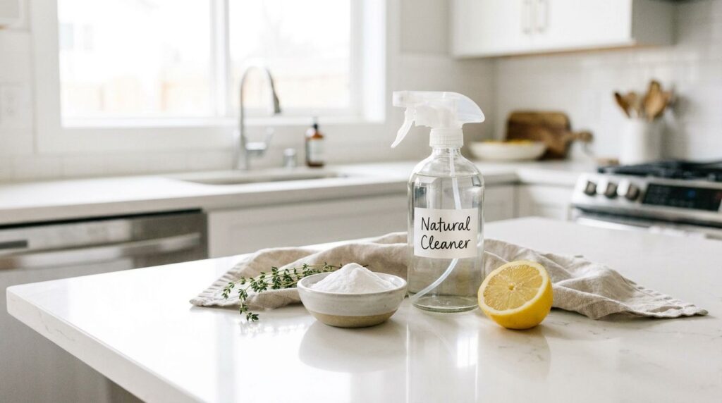 A clean kitchen counter with a spray bottle a bowl of baking soda and a lemon representing natural cleaning ingredients