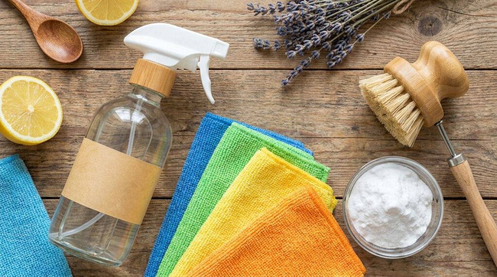 A variety of cleaning tools including a spray bottle filled with a clear liquid microfiber cloths and a scrubbing brush 