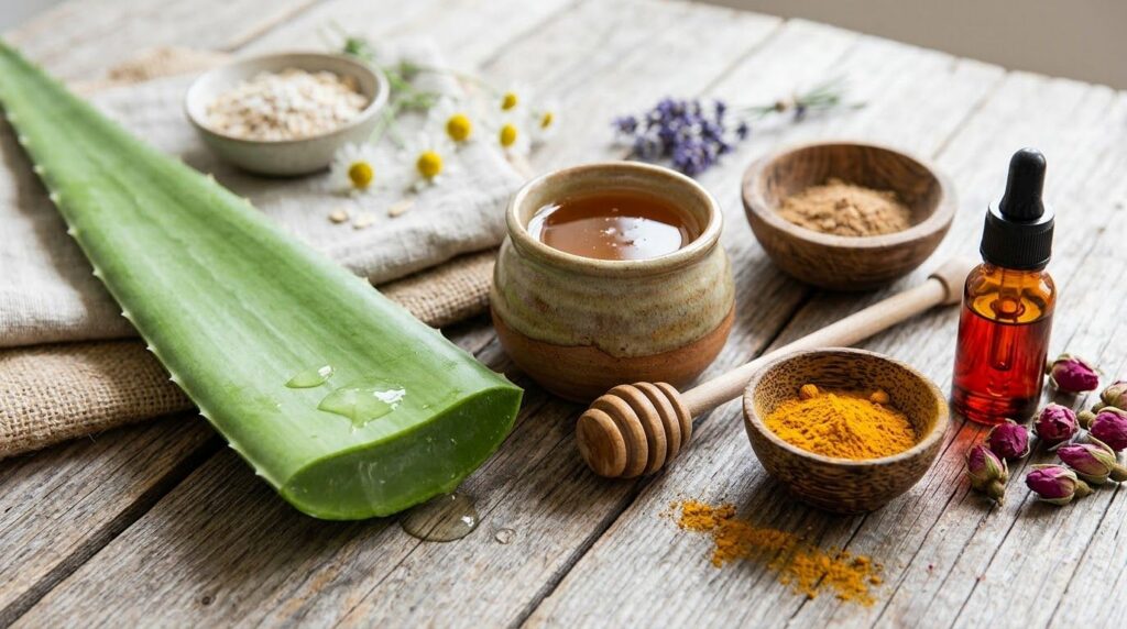 A collection of fresh natural beauty ingredients arranged aesthetically on a rustic wooden table Components include a fr