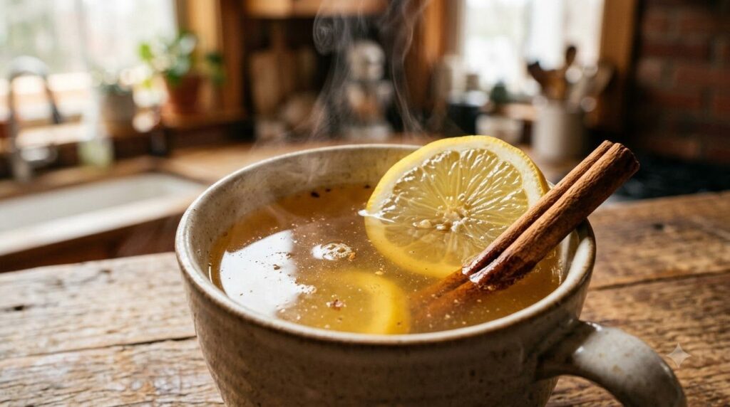 A close-up of a steaming mug filled with a golden liquid garnished with a lemon slice and a cinnamon stick The backgroun
