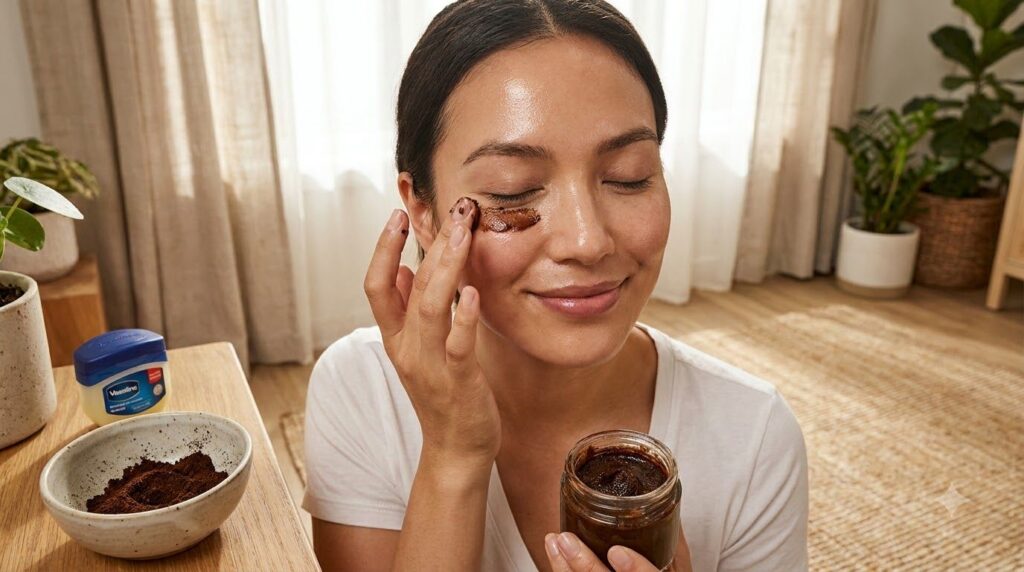 A woman gently applying a homemade coffee and Vaseline mixture to her face focusing on her under-eye area with a soft gl