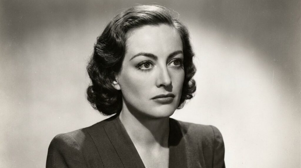 A real publicity photo of Joan Crawford from the 1930s or 1940s showcasing her iconic hairstyle and dramatic screen pres