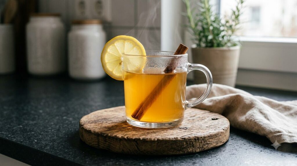 A clear glass mug filled with a golden-hued warm beverage garnished with a lemon slice and a cinnamon stick Steam is sub