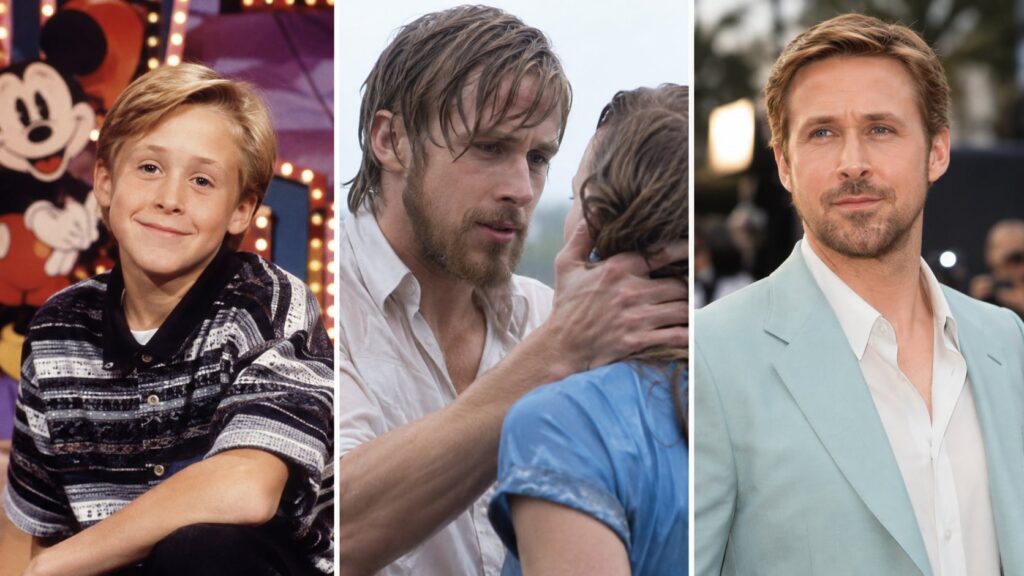 A collage showcasing Ryan Gosling s career progression a young Ryan Gosling from Mickey Mouse Club him in The Notebook a