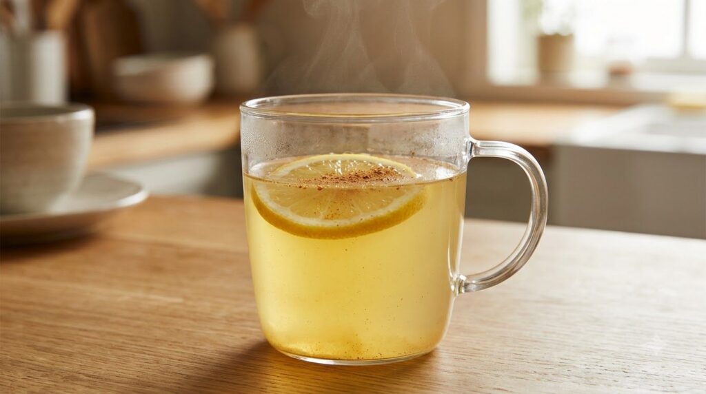 A close-up shot of a glass mug filled with the Daily Vitality Elixir a warm slightly cloudy liquid with a lemon slice ga