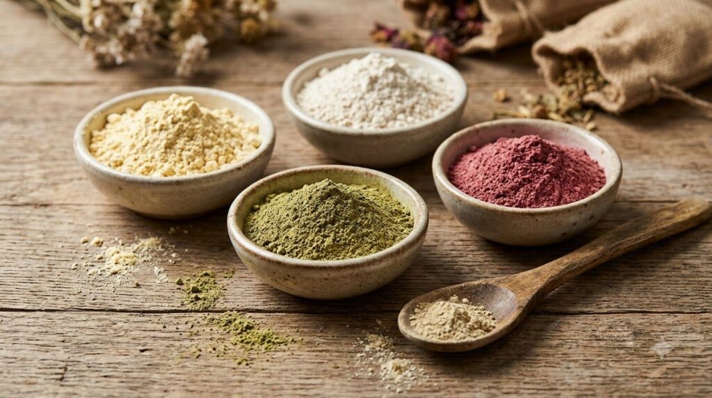 Various dry herbal powders in small bowls including chickpea flour oat flour neem powder and rose petal powder with a wo