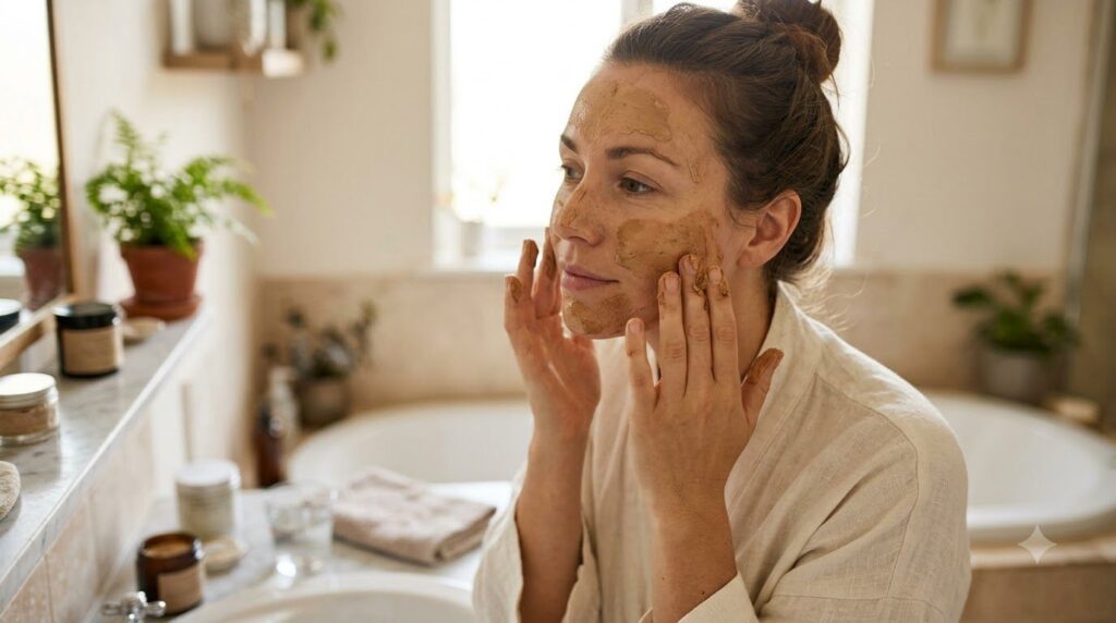 A woman gently applying a light brown herbal paste to her face with a soft natural expression in a well-lit bathroom