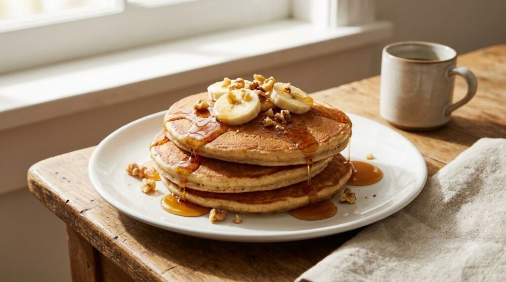 A stack of golden brown vegan banana pancakes topped with sliced bananas chopped walnuts and a drizzle of maple syrup on