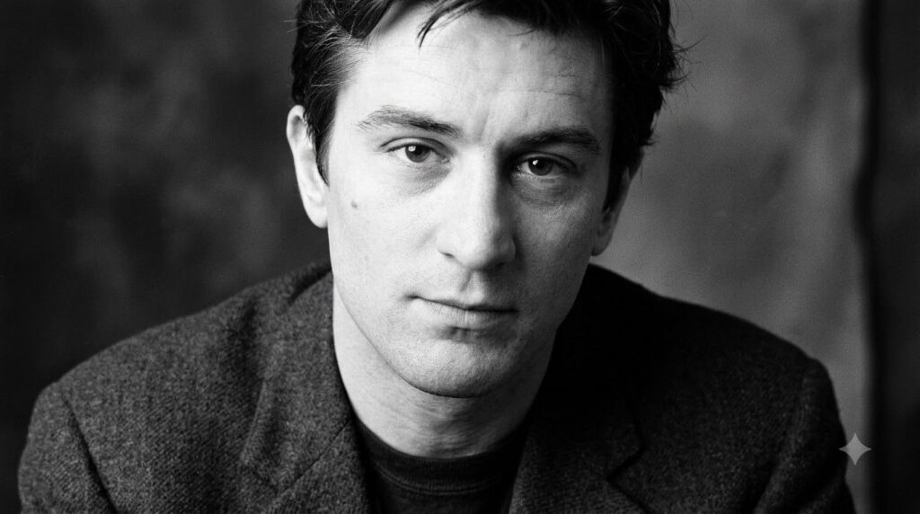 A black and white photo of a very young Robert De Niro perhaps a headshot from his early acting days looking serious and