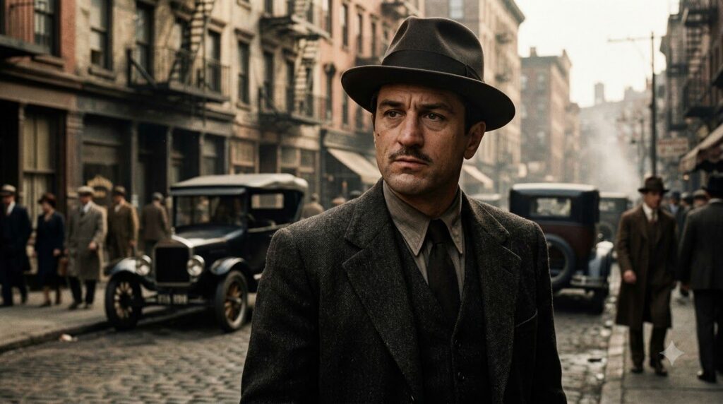 Robert De Niro in a scene from The Godfather Part II as young Vito Corleone wearing a period suit and hat looking intens