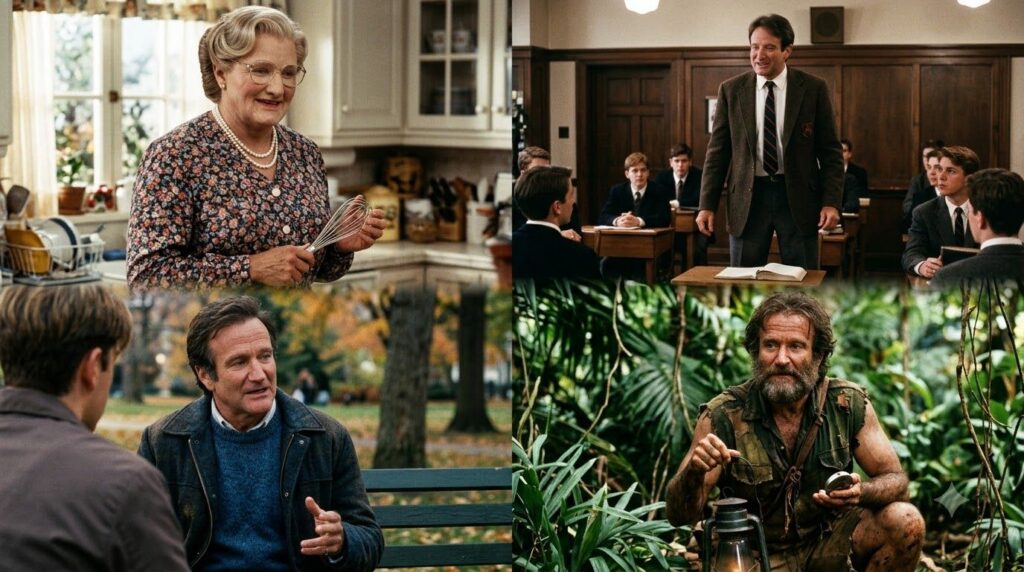 A compilation of iconic movie stills featuring Robin Williams in various roles like Mrs Doubtfire Dead Poets Society Goo