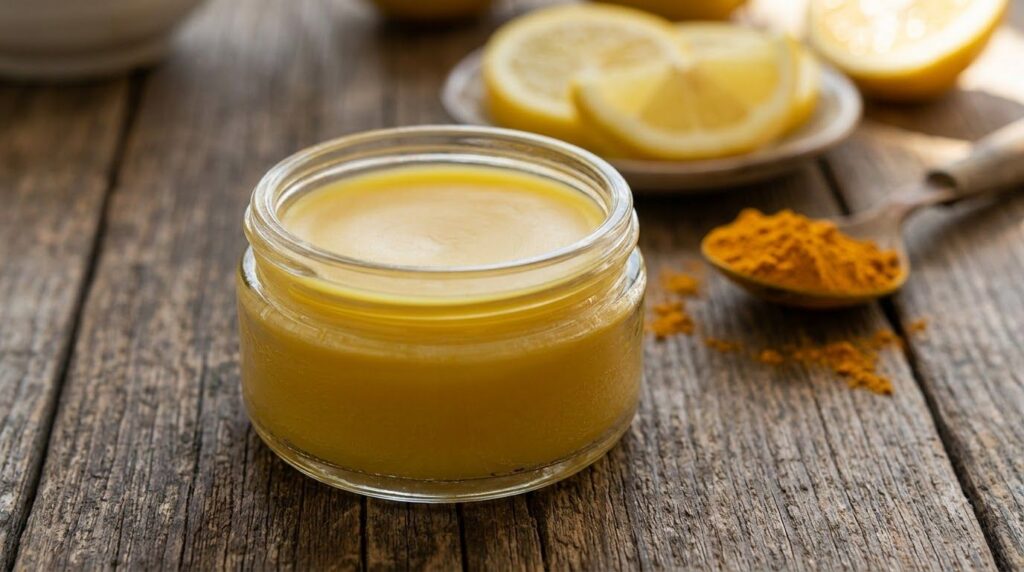 A small glass jar containing the finished yellow-hued Vaseline baby oil turmeric and lemon blend ready for application w