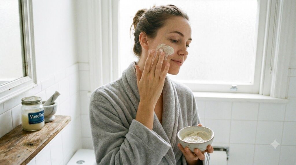 A woman gently applying a white Vaseline and aspirin paste mask to her clean face in a bathroom with a soft natural expr