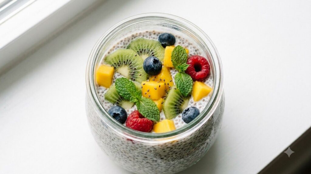 A close-up shot of a clear glass jar filled with a thick creamy chia pudding topped generously with various colorful fre