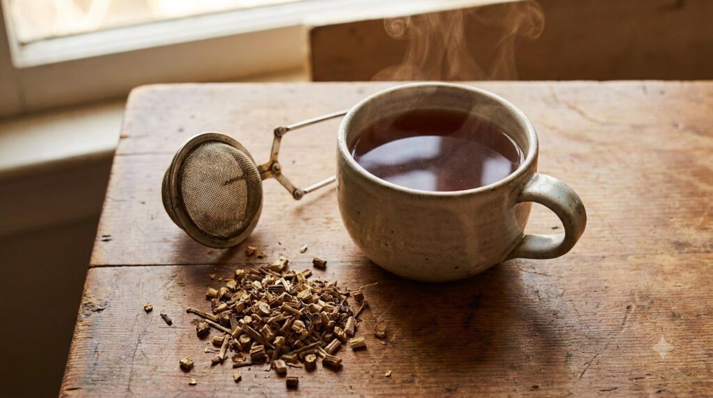 A warm mug of freshly brewed dandelion root tea with steam rising on a rustic wooden table with a small strainer beside