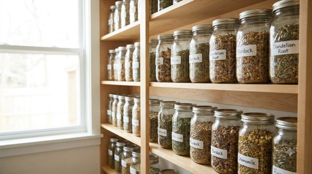 Various dried herbs and roots in clear glass jars neatly labeled and stored in a pantry emphasizing proper storage for h
