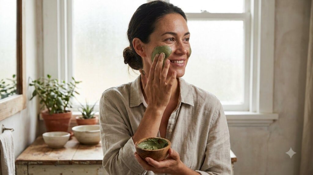 A woman gently applying a DIY face mask to her clean skin