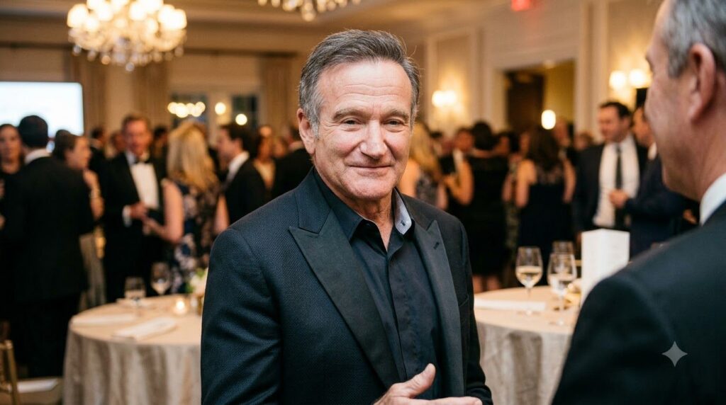 Robin Williams smiling genuinely while attending a public event or charity gala looking friendly and approachable