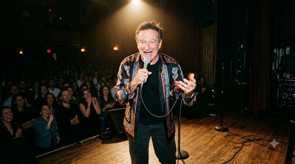 Robin Williams performing stand-up comedy on stage mid-joke with a microphone and a spotlight on him