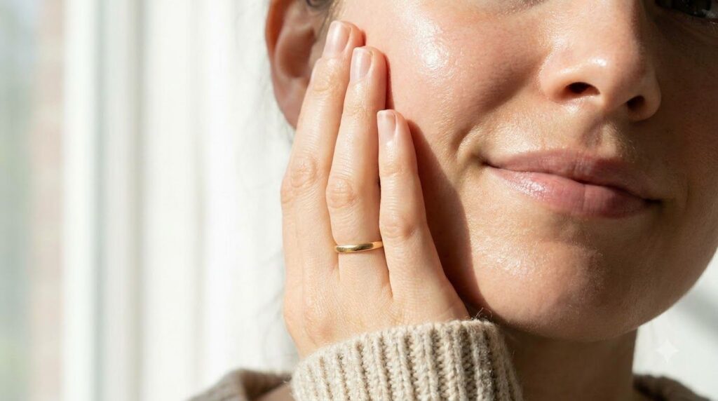 A close-up of a woman s hand gently touching her smooth hydrated cheek showing a refreshed complexion with a soft warm g