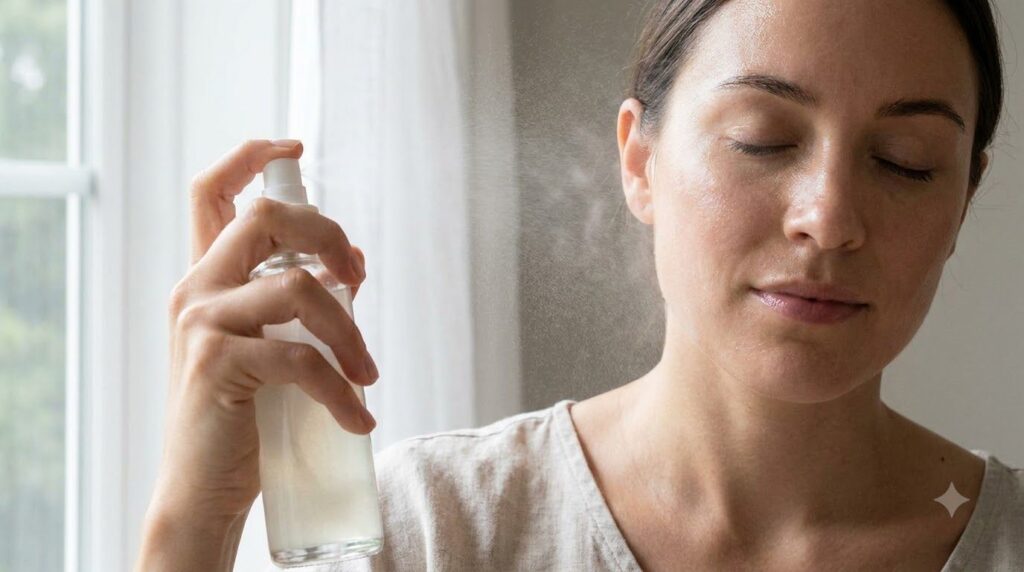 A clear glass spray bottle filled with a translucent slightly viscous liquid held by a woman with clean radiant skin lig