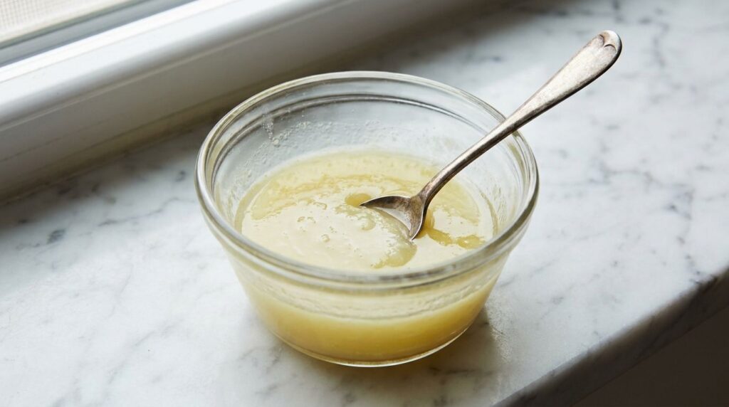 Close-up of a small bowl containing the mixed DIY hand remedy of lemon juice olive oil and Vaseline with a spoon